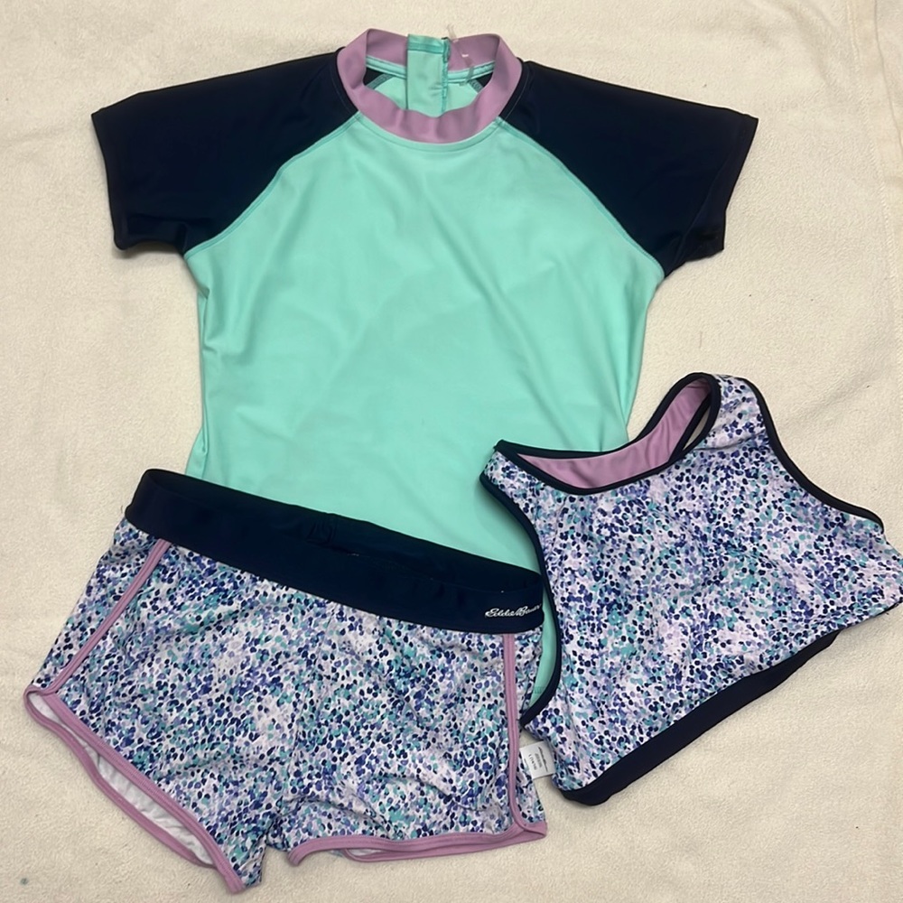 Eddie Bauer Girls Rash Guard, Board shorts(lined), tank top swimsuit 14/16